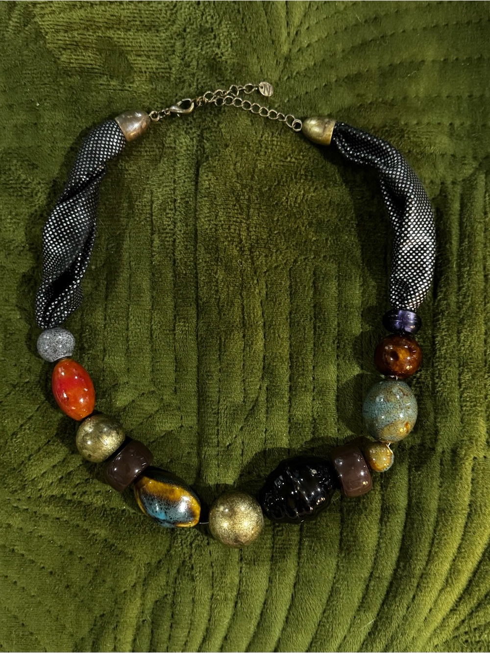 Super Chunk!! Handcrafted Muti-Color Ceramic Bead Necklace w/ Metallic Accents